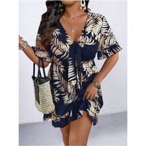 NEW Shein Holidaya Plus Floral Print Tie Front Plunging Neck Dress Navy Blue 0XL